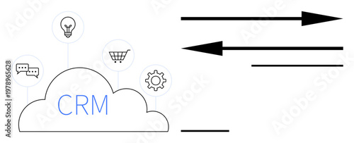 Customer management, productivity, cloud computing, business tools, workflow, technology integration. Cloud with CRM text and icons for communication, commerce and innovation. Customer management