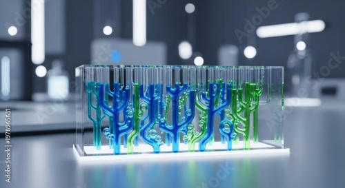 Blue and Green Bioluminescent Liquid Flowing in Lab Glassware
