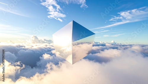 A reflective cube hovers amidst a sea of fluffy white clouds, under a bright blue sky