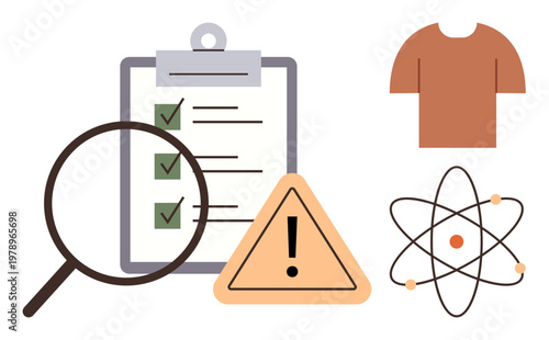 Research, safety protocols, science education, task management, quality control, physics. A checklist with a magnifying glass, a warning sign an atom symbol and a shirt icon. Research and safety
