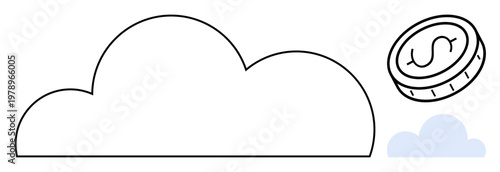 Cloud computing, financial technology, digital assets, online storage, virtual economy, fintech services. A dollar coin above minimal cloud shapes. Cloud computing and financial technology concepts