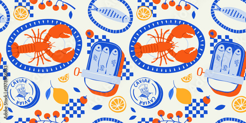 Vintage sea food seamless pattern. Italian cuisine background illustration in hand drawn style. Retro mediterranean beach surface print design, summer vacation texture.