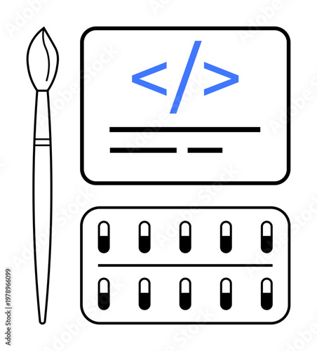 Technology, creativity, medicine, web development, coding, and digital health. Brush, coding symbol pill blister pack. Technology and creativity concept for diverse innovation