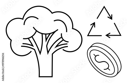 Environmental sustainability, eco-friendly practices, green economy, recycling, conservation, renewable energy. Line art tree, recycling symbol and dollar coin. Sustainability and eco-friendly