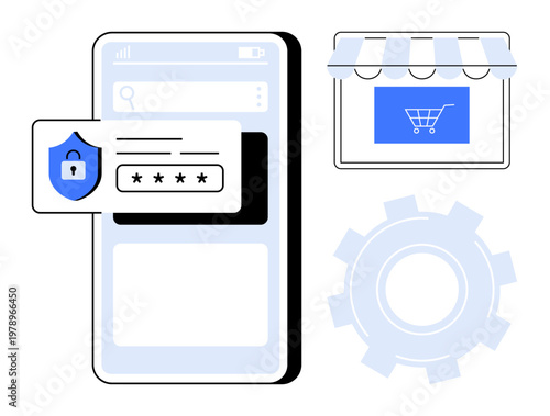 E-commerce, cybersecurity, login authentication, secure connections, technology tools, online payments. Mobile phone with a password screen and a shield icon, a storefront gear icon. E-commerce