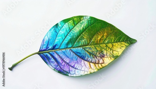 Vivid close-up of a leaf showcasing a spectrum of bright colors on a white backdrop