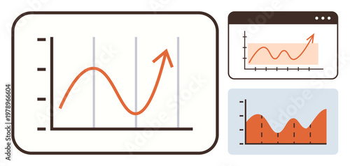 Business analytics, stock market trends, data visualization, report presentation, performance metrics, graphical analysis. Three types of charts with rising trend lines. Data visualization