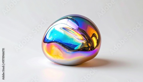Polished, organic, egg-shaped object with iridescent sheen on a neutral, white background