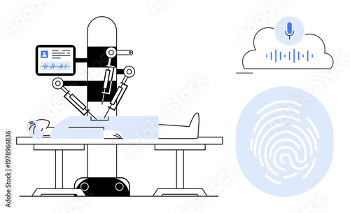 Robotic surgery, biometric authentication, cloud computing, medical innovation, patient care, technology advancement. Robot operating on patient. Robotic surgery and biometric authentication concept