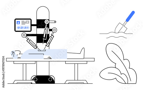 Robotic surgery, technology in healthcare, medical innovation, precision treatment, futuristic medicine, surgical advancements. Patient under robotic surgical system. Robotic surgery and technology