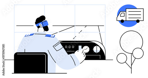 Logistics management, shipping operations, transportation planning, technology integration, virtual monitoring, process optimization. A man using VR controls in a monitoring station. Logistics