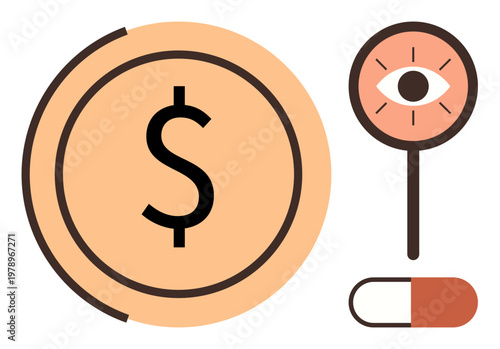 Healthcare economics, financial planning, healthcare access, medicines, investment, cost analysis. Dollar sign with circular design, an eye in magnifier and pill. Healthcare economics and financial