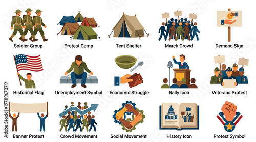 Collection of icons representing social movements, protests, and historical events, including soldiers, tents, flags, and crowds.