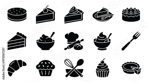 A collection of black and white silhouette icons representing various baked goods and baking tools, including cakes, pies, croissants, and kitchen utensils.