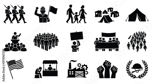 A collection of black and white pictogram icons representing various social and political themes, including protest, conflict, and community.
