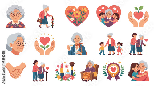 A collection of illustrations depicting elderly women, often with children, hearts, and flowers, symbolizing love, care, and family bonds across generations.
