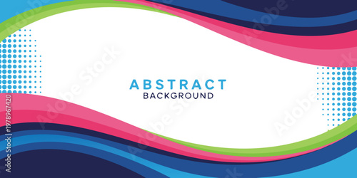Abstract background featuring layered wavy bands in blue pink and green colors with halftone dot patterns on a white backdrop