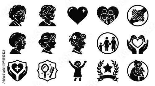 Collection of black and white icons depicting elderly women, senior care, family support, and well-being, suitable for themes of aging and community.