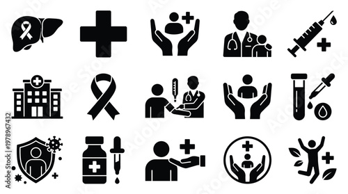 Collection of black and white health and medical icons representing care, wellness, hospitals, doctors, and disease awareness.