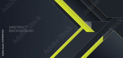 Abstract background with dark charcoal grey geometric shapes and bright lime green diagonal lines layered in a minimalist composition with soft drop shadows and clean edges
