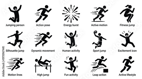 Collection of black silhouette icons depicting various human activities, including jumping, running, and active poses with descriptive labels.