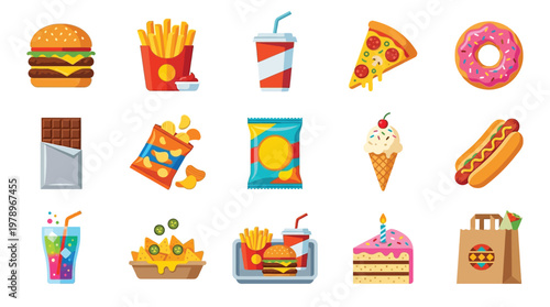 A vibrant collection of popular fast food and snack items, including burgers, fries, pizza, donuts, and soda, presented as flat vector illustrations.