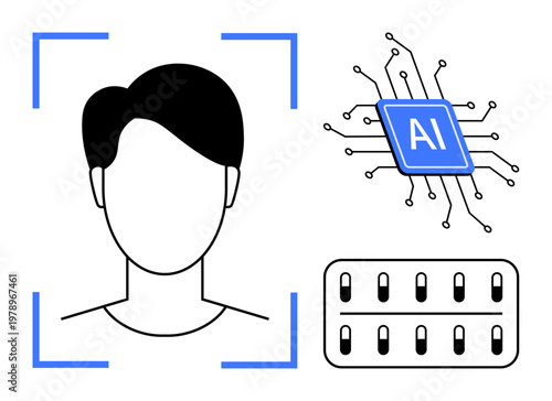 Artificial intelligence, facial recognition, biometric data, digital identity, security technology, machine learning. Abstract face icon, AI chip data symbols. Facial recognition and biometric data