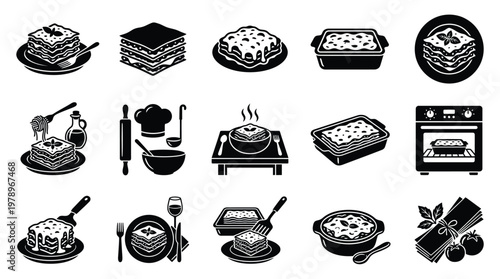 Monochrome icons depicting various lasagna dishes, cooking utensils, and kitchen equipment for food preparation and serving.