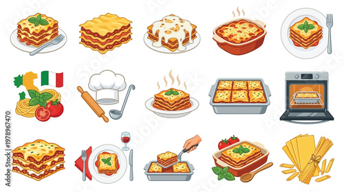 A collection of cartoon illustrations depicting various lasagna dishes, ingredients, cooking process, and serving, showcasing the popular Italian pasta meal.