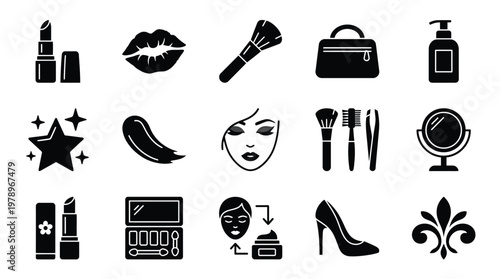 A collection of black silhouette icons representing various beauty and makeup products, tools, and related fashion items on a white background.