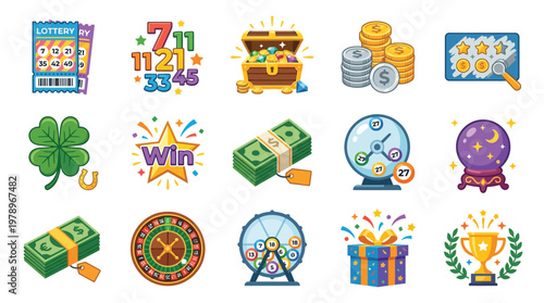 A vibrant collection of lottery and gambling-themed icons, featuring scratch cards, lucky numbers, treasure chests, coins, and winning symbols.