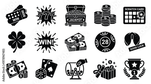 A collection of black and white icons representing gambling, luck, winning, and casino games, including lottery tickets, money, cards, dice, and trophies.
