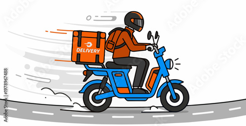 Fast and efficient delivery service illustration featuring a rider on a scooter with an orange insulated backpack