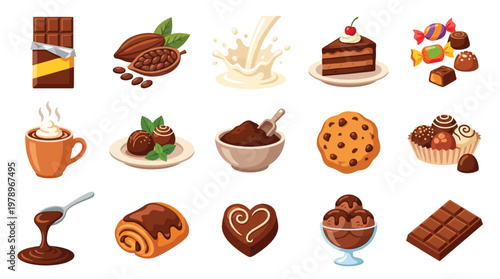 A vibrant collection of various chocolate products, desserts, ingredients, and beverages, showcasing a wide range of cocoa-based treats and confections.