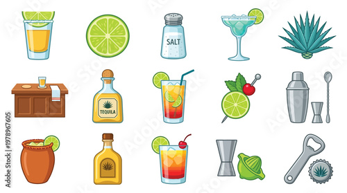 A collection of cartoon illustrations depicting various tequila-related items, cocktails, and bar tools on a white background.