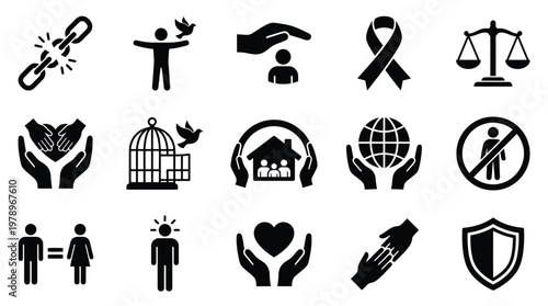 A collection of black and white icons symbolizing human rights, freedom, justice, equality, protection, and global solidarity.