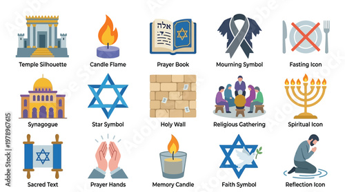 A collection of 15 flat design icons representing various aspects of Judaism, including religious symbols, buildings, rituals, and sacred objects.