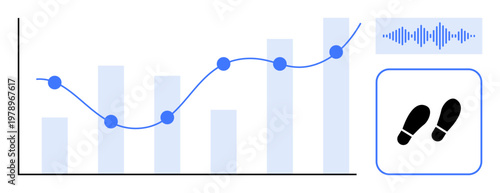 Data visualization. Data tools showing analytics through step tracking and sound wave analysis. Data tracking applied in fitness, health monitoring, IoT, technology, and AI development