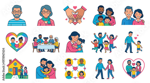 A vibrant collection of diverse family and relationship illustrations, showcasing love, unity, and togetherness across different generations and structures.