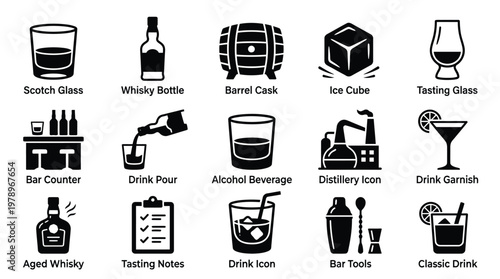 A collection of 15 black and white icons representing various elements associated with whisky and bar culture, including glasses, bottles, a barrel, ice, and bar tools.
