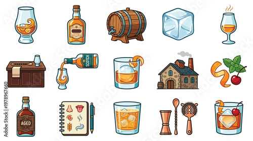A collection of charmingly illustrated icons representing various aspects of whiskey production, enjoyment, and presentation.
