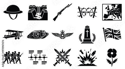 A collection of black and white icons representing various aspects of World War I, including military equipment, symbols, and historical elements.