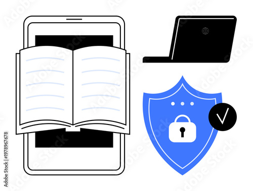 Cybersecurity concept. Cybersecurity illustrated with a digital tablet open book, laptop, and security shield symbol. Cybersecurity s protecting digital learning environments. Ideal for education