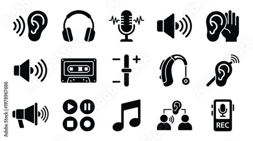 A collection of black and white icons representing various aspects of sound, audio, and hearing, including headphones, microphones, speakers, and hearing aids.