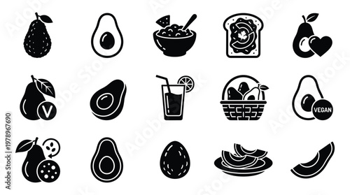 Collection of black and white icons representing avocados, avocado dishes, and related food items, suitable for healthy eating and vegan themes.