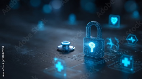 Futuristic digital illustration of medical data security within an AI-powered healthcare system, featuring glowing padlock icons on a high-tech network interface. Concept represents cybersecurity, pat