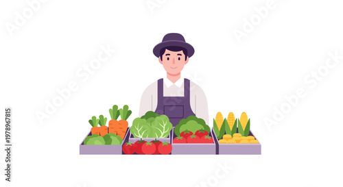 A male vegetable seller standing behind a market stall filled with fresh organic produce. EPS Editable. Vector Illustrations.