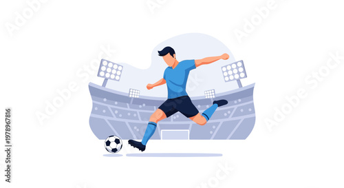 A male soccer player kicking a ball in a stadium. EPS Editable. Vector Illustrations.