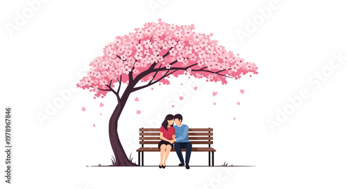 A romantic couple sitting together on a park bench under a beautiful blooming cherry blossom tree. EPS Editable. Vector Illustrations.