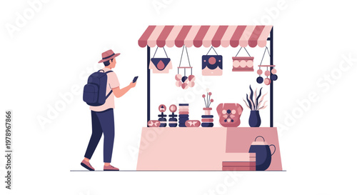 A tourist with a backpack looks at souvenirs at a street stall. EPS Editable. Vector Illustrations.